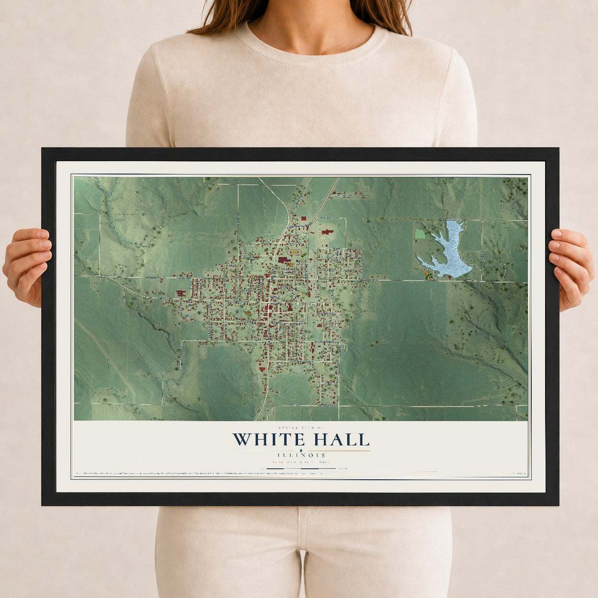 Map of White Hall, Illinois, 12 x 18 inch print in a black wood frame