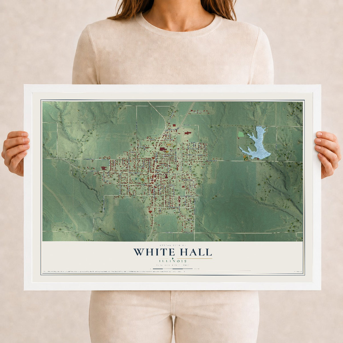 Map of White Hall, Illinois, 12 x 18 inch print in a white wood frame