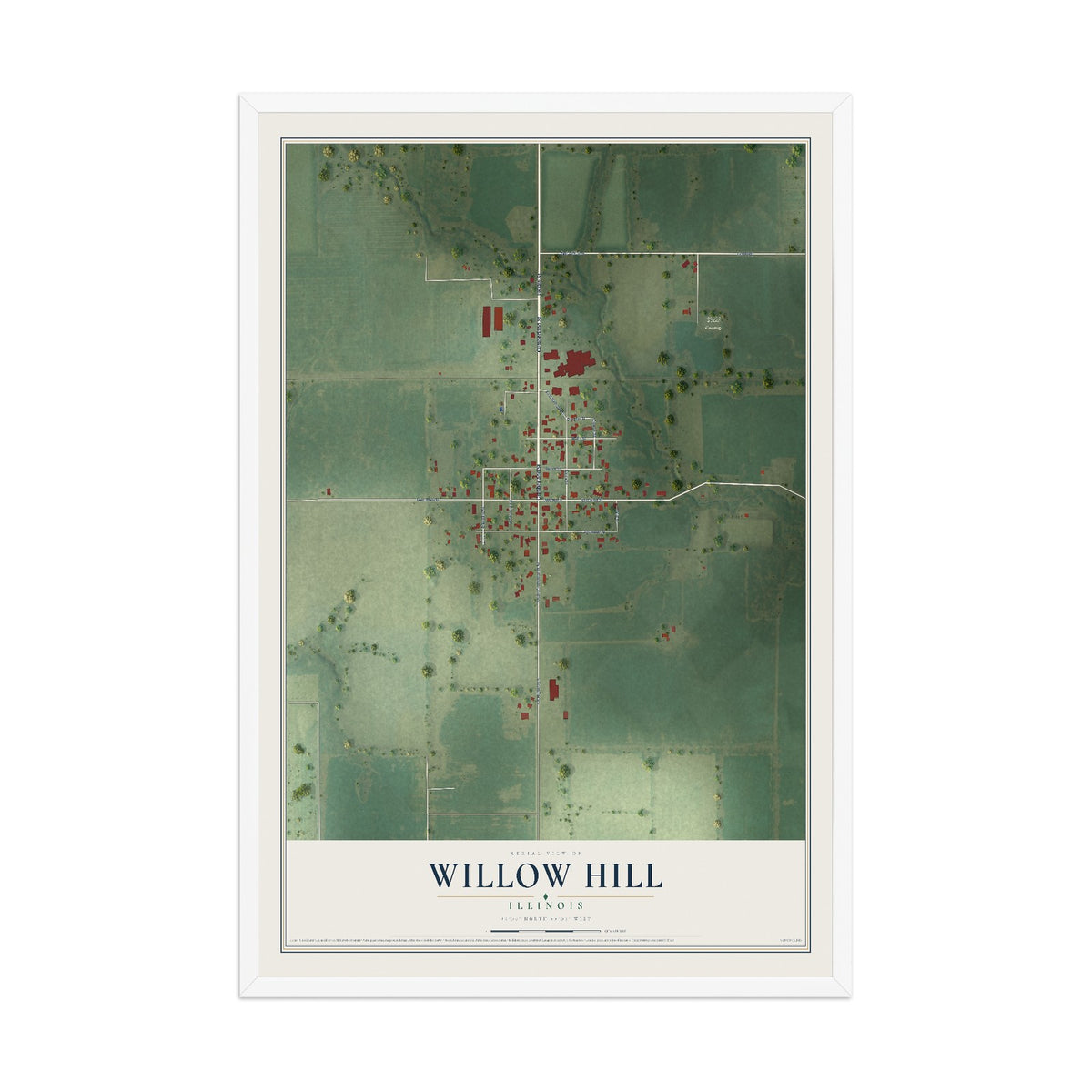 Map of Willow Hill, Illinois, 12 x 18 inch print in a white wood frame