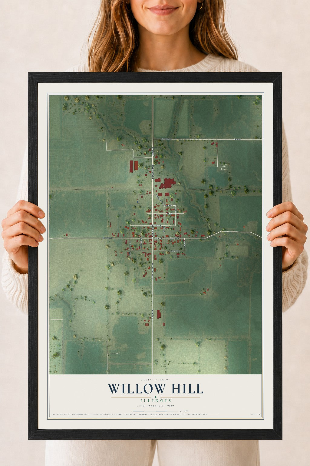 Map of Willow Hill, Illinois, 18 x 24 inch print in a black wood frame