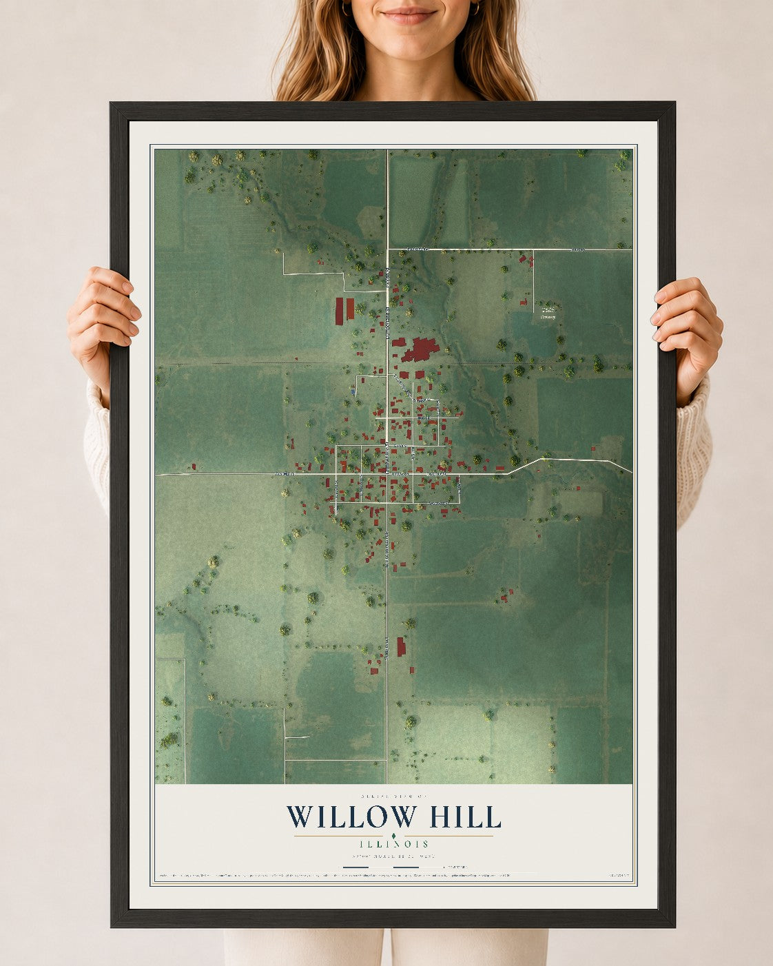 Map of Willow Hill, Illinois, 24 x 36 inch print in a black wood frame