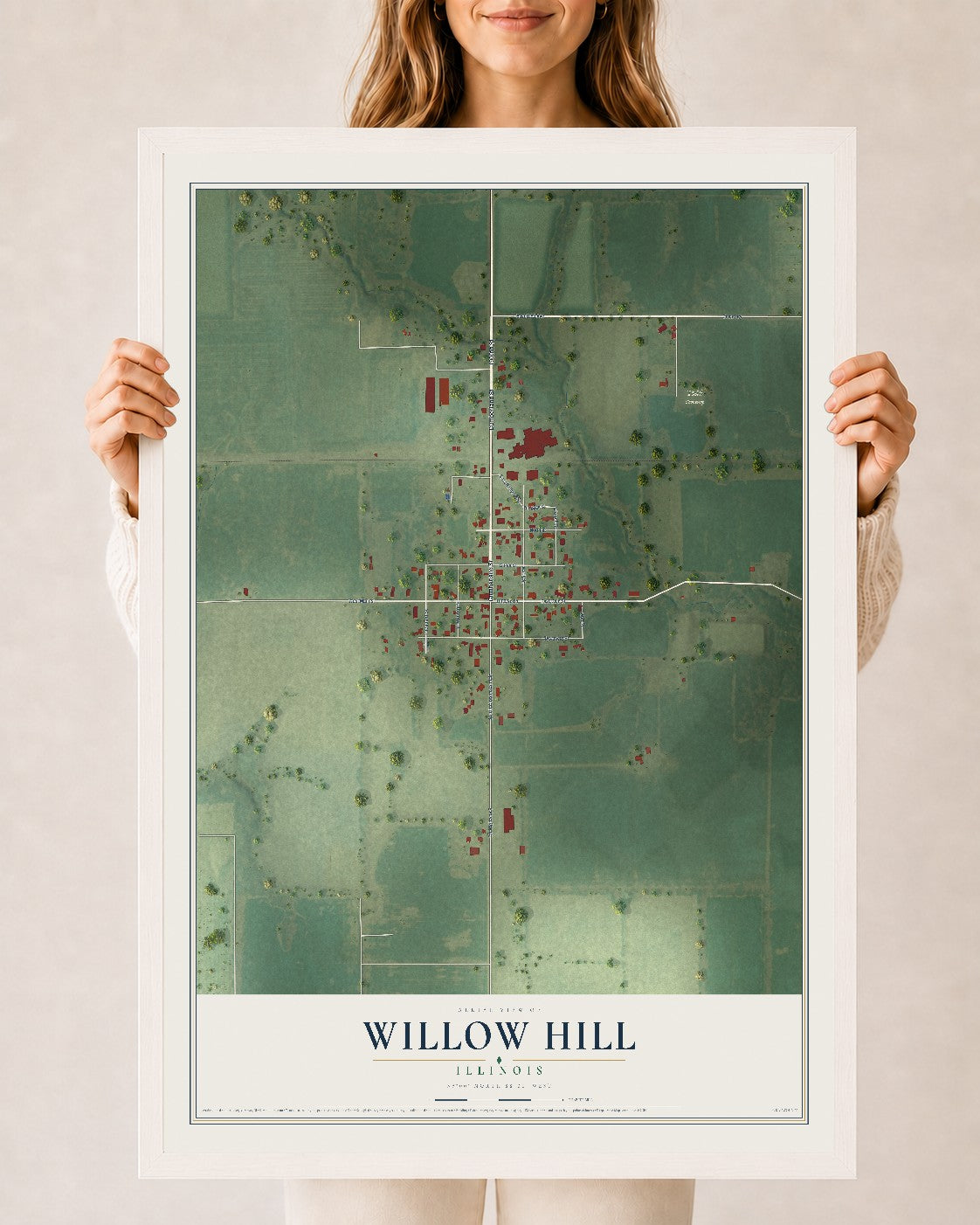 Map of Willow Hill, Illinois, 24 x 36 inch print in a white wood frame
