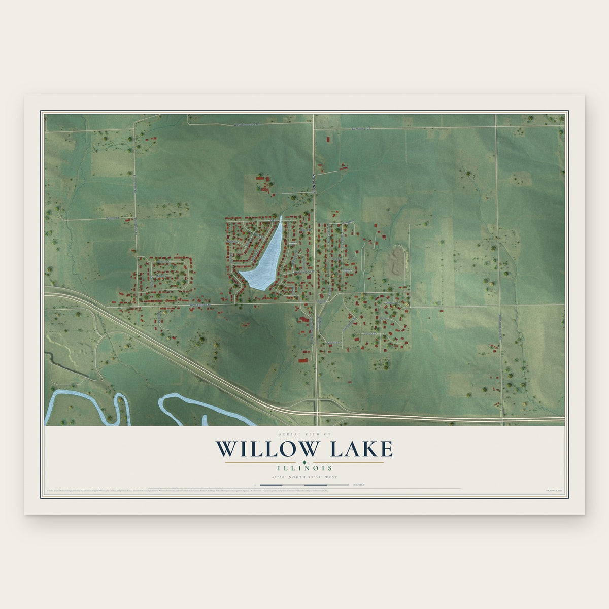 Willow Lake, Illinois map print, the full design