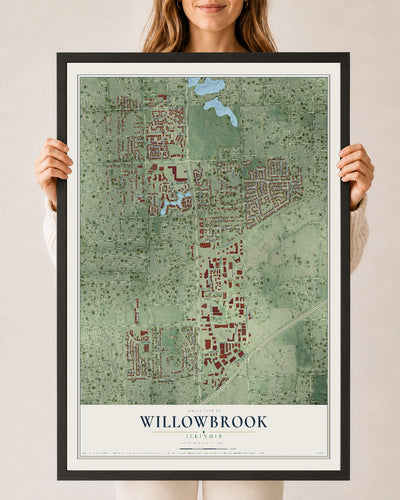Map of Willowbrook, Illinois, 24 x 36 inch print in a black wood frame