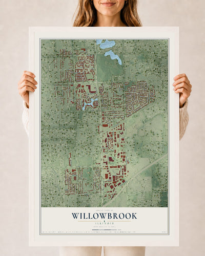 Map of Willowbrook, Illinois, 24 x 36 inch print in a white wood frame