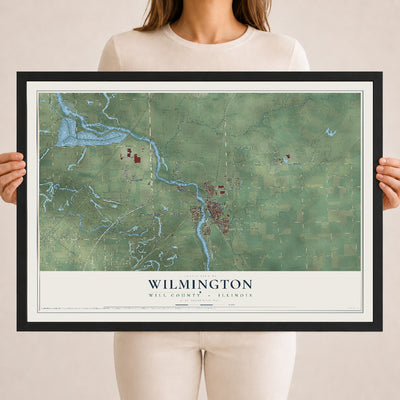 Map of Wilmington, Will County, Illinois, 18 x 24 inch print in a black wood frame