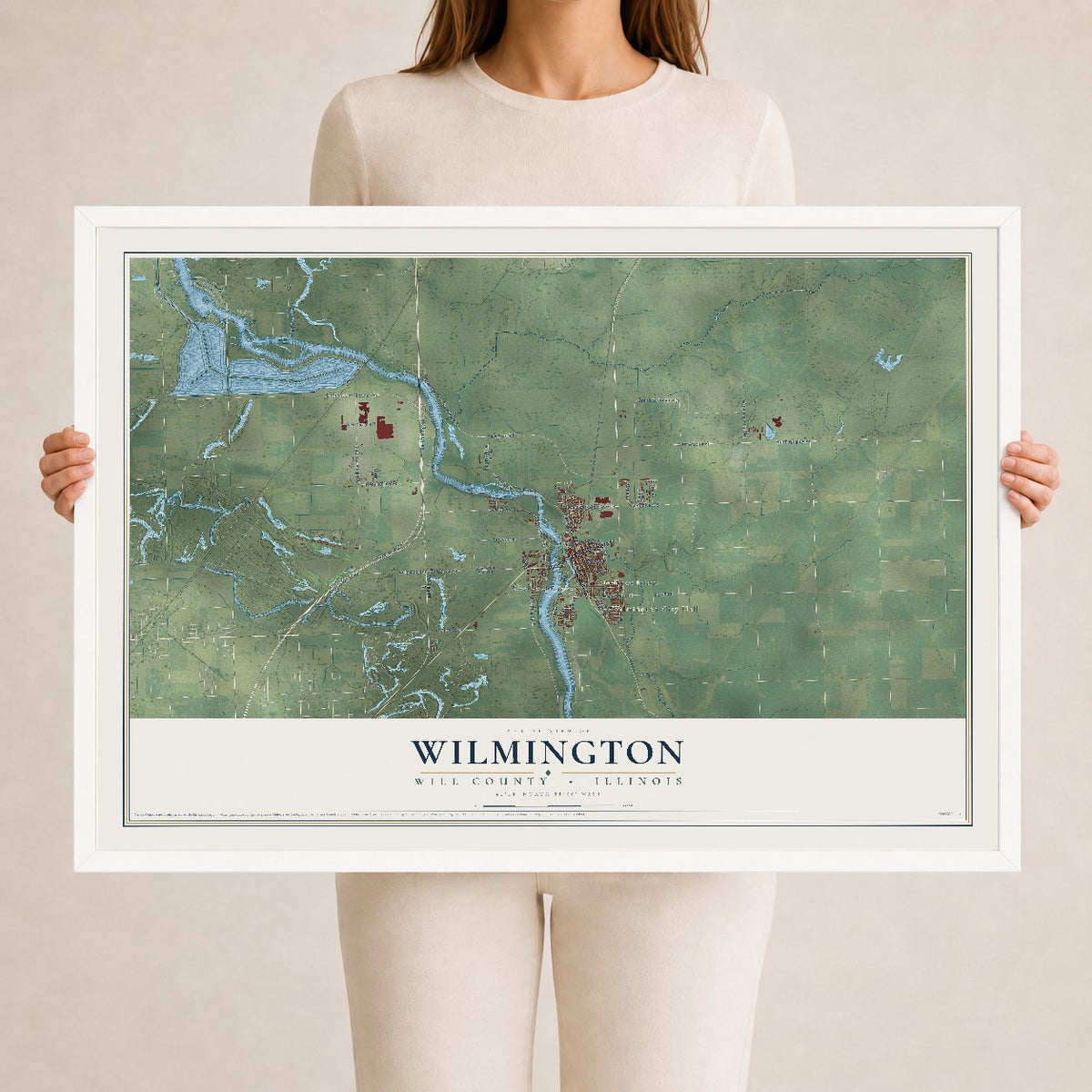 Map of Wilmington, Will County, Illinois, 24 x 36 inch print in a white wood frame