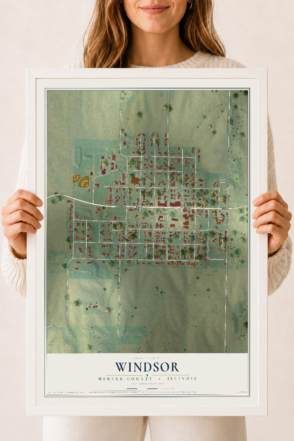 Map of Windsor, Mercer County, Illinois, 18 x 24 inch print in a white wood frame