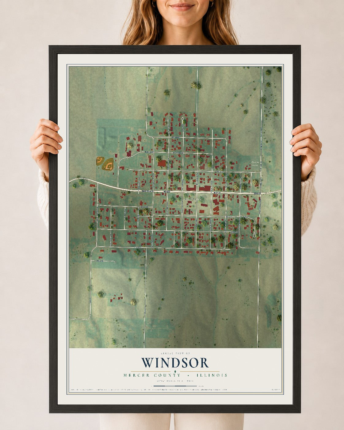 Map of Windsor, Mercer County, Illinois, 24 x 36 inch print in a black wood frame