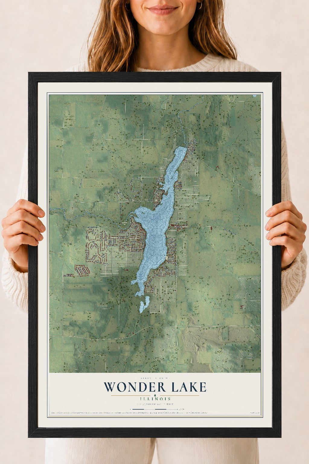 Map of Wonder Lake, Illinois, 18 x 24 inch print in a black wood frame