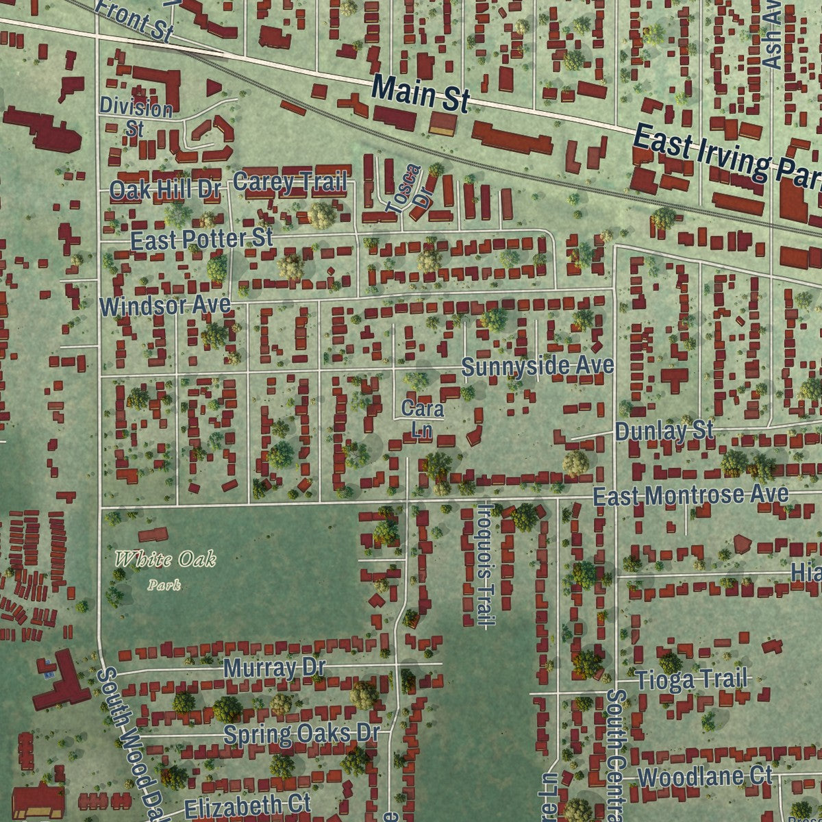 Close-up of the map of Wood Dale, Illinois print showing street and building detail