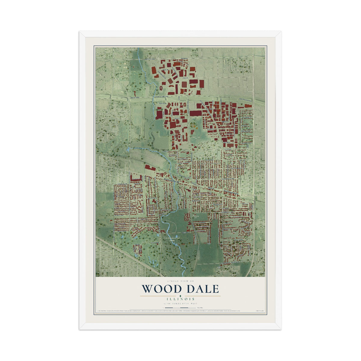 Map of Wood Dale, Illinois, 12 x 18 inch print in a white wood frame