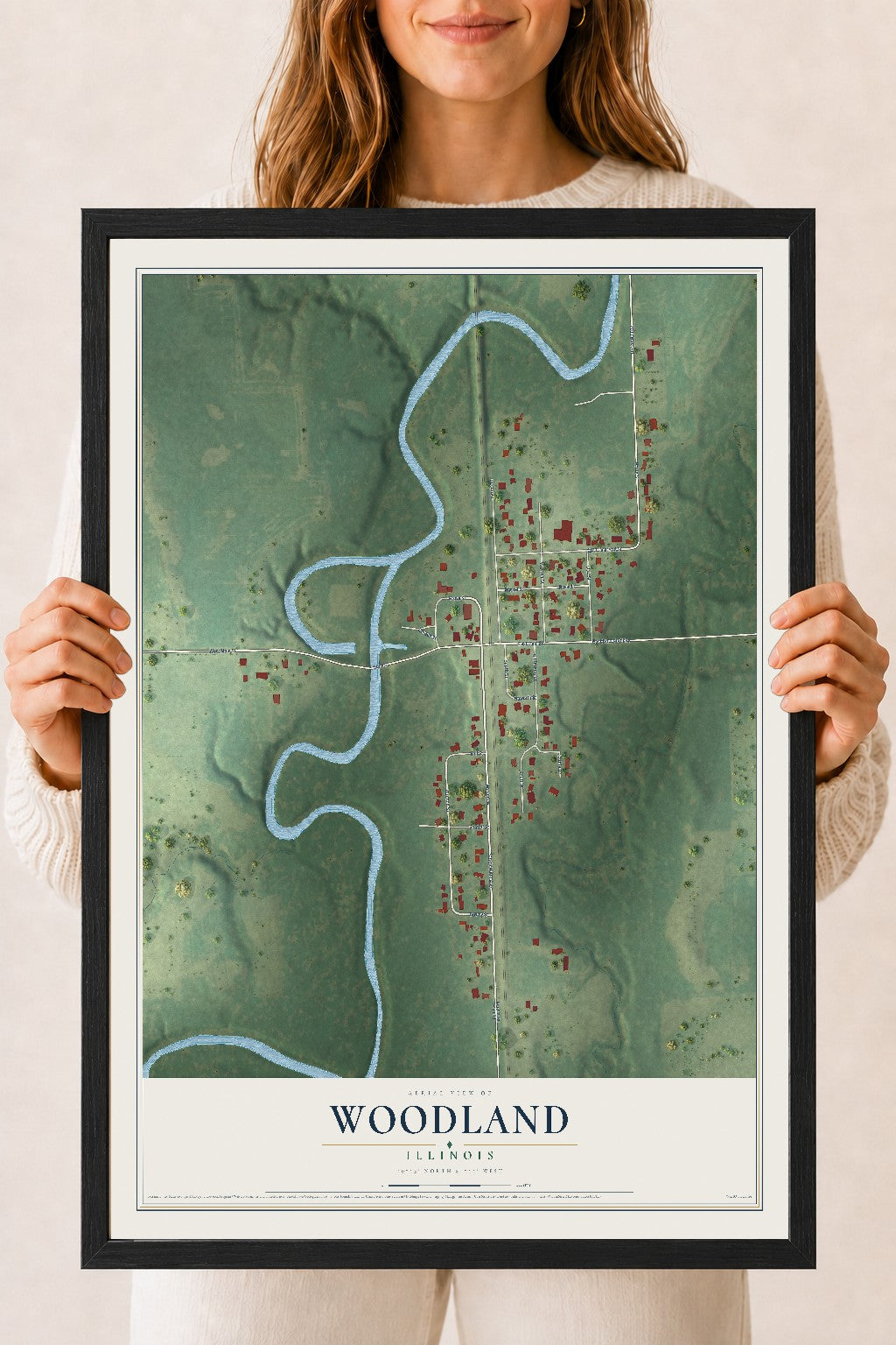 Map of Woodland, Illinois, 18 x 24 inch print in a black wood frame