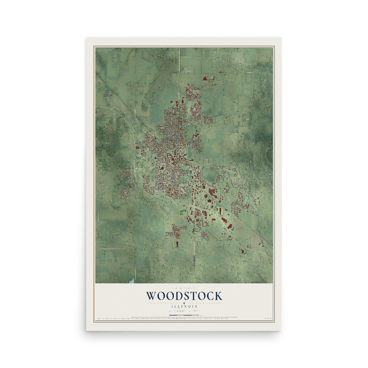 Map of Woodstock, Illinois, 12 x 18 inch unframed archival matte print