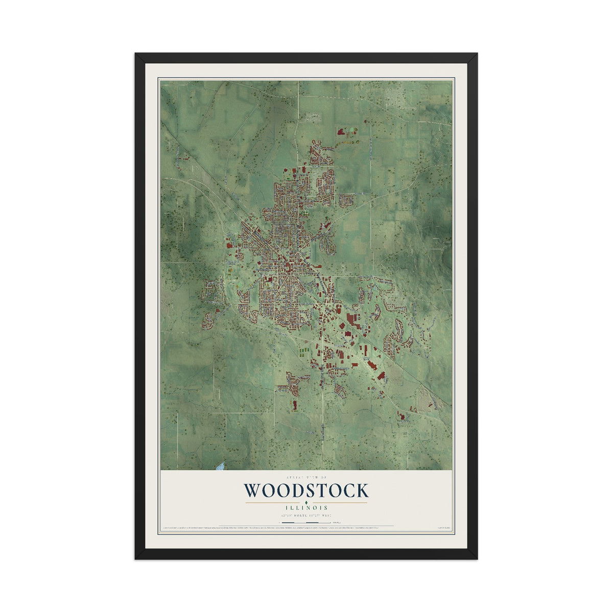 Map of Woodstock, Illinois, 12 x 18 inch print in a black wood frame