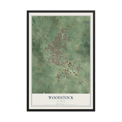 Map of Woodstock, Illinois, 12 x 18 inch print in a black wood frame