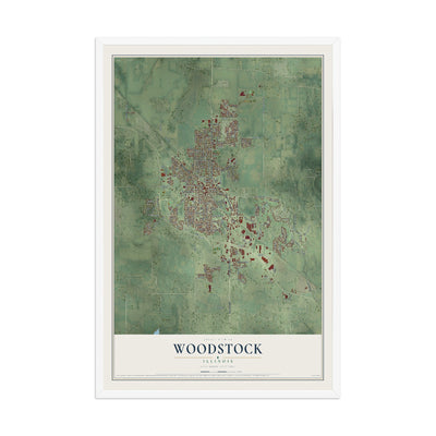 Map of Woodstock, Illinois, 12 x 18 inch print in a white wood frame