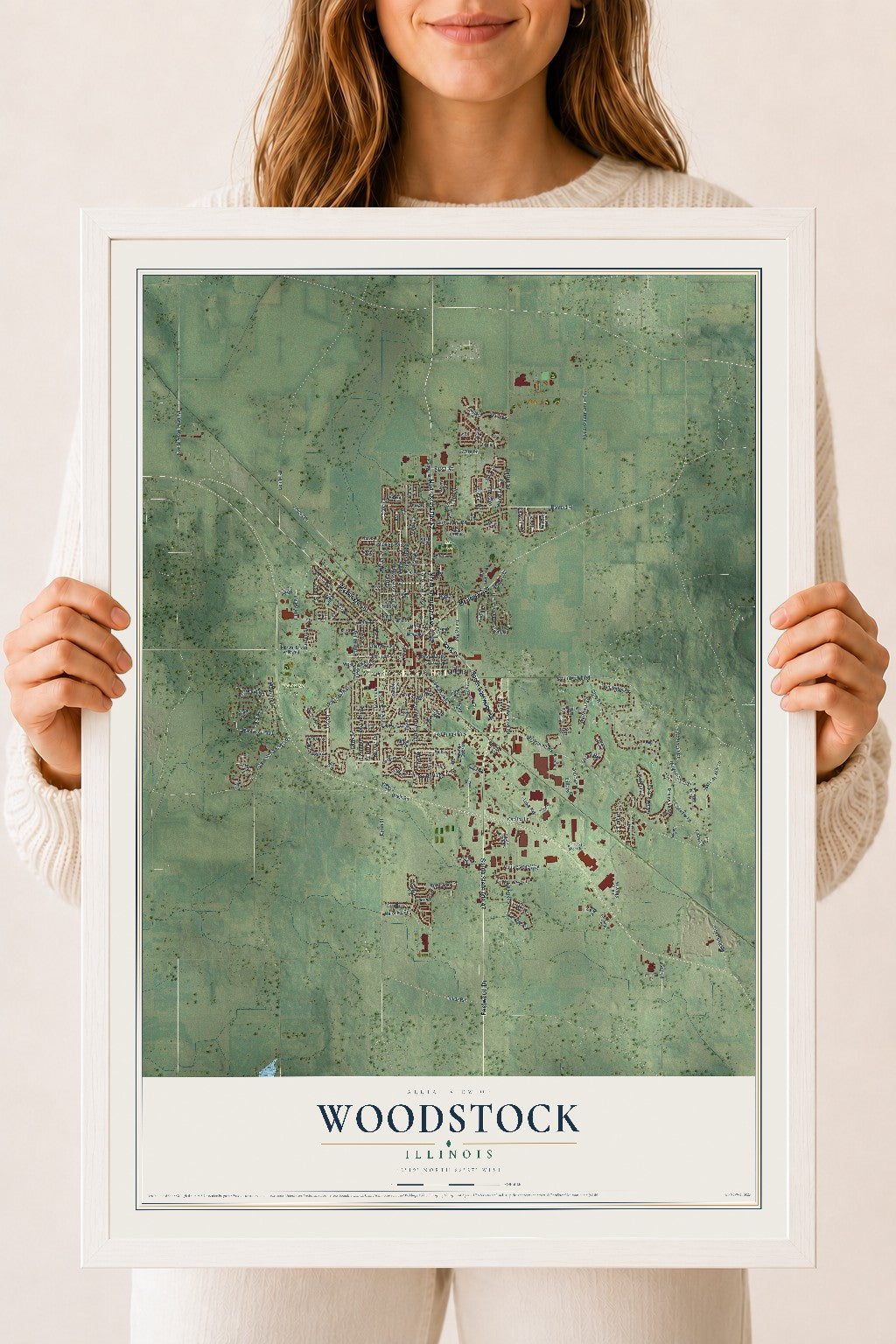 Map of Woodstock, Illinois, 18 x 24 inch print in a white wood frame