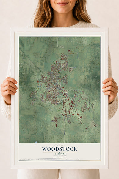 Map of Woodstock, Illinois, 18 x 24 inch print in a white wood frame