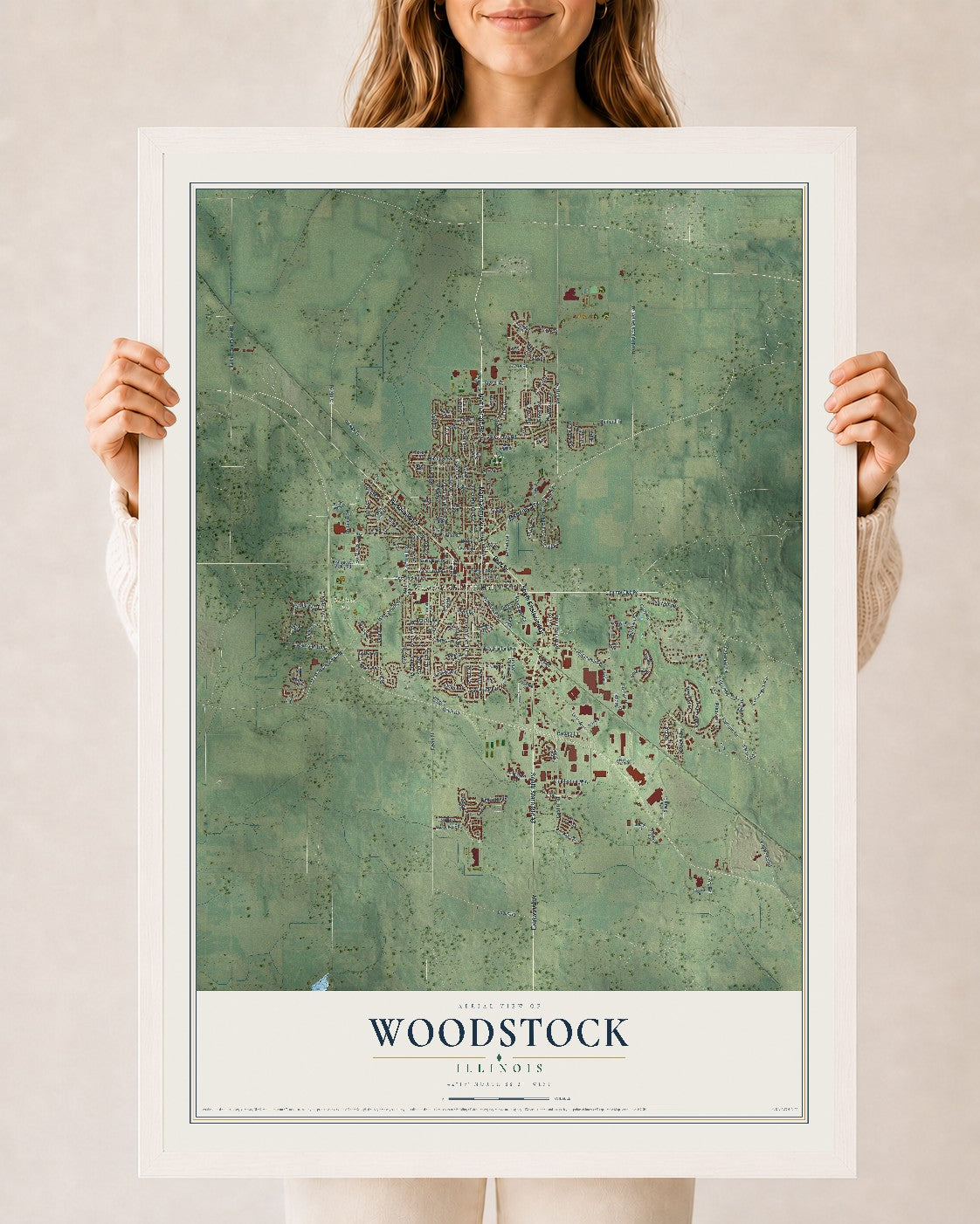 Map of Woodstock, Illinois, 24 x 36 inch print in a white wood frame