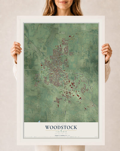 Map of Woodstock, Illinois, 24 x 36 inch print in a white wood frame