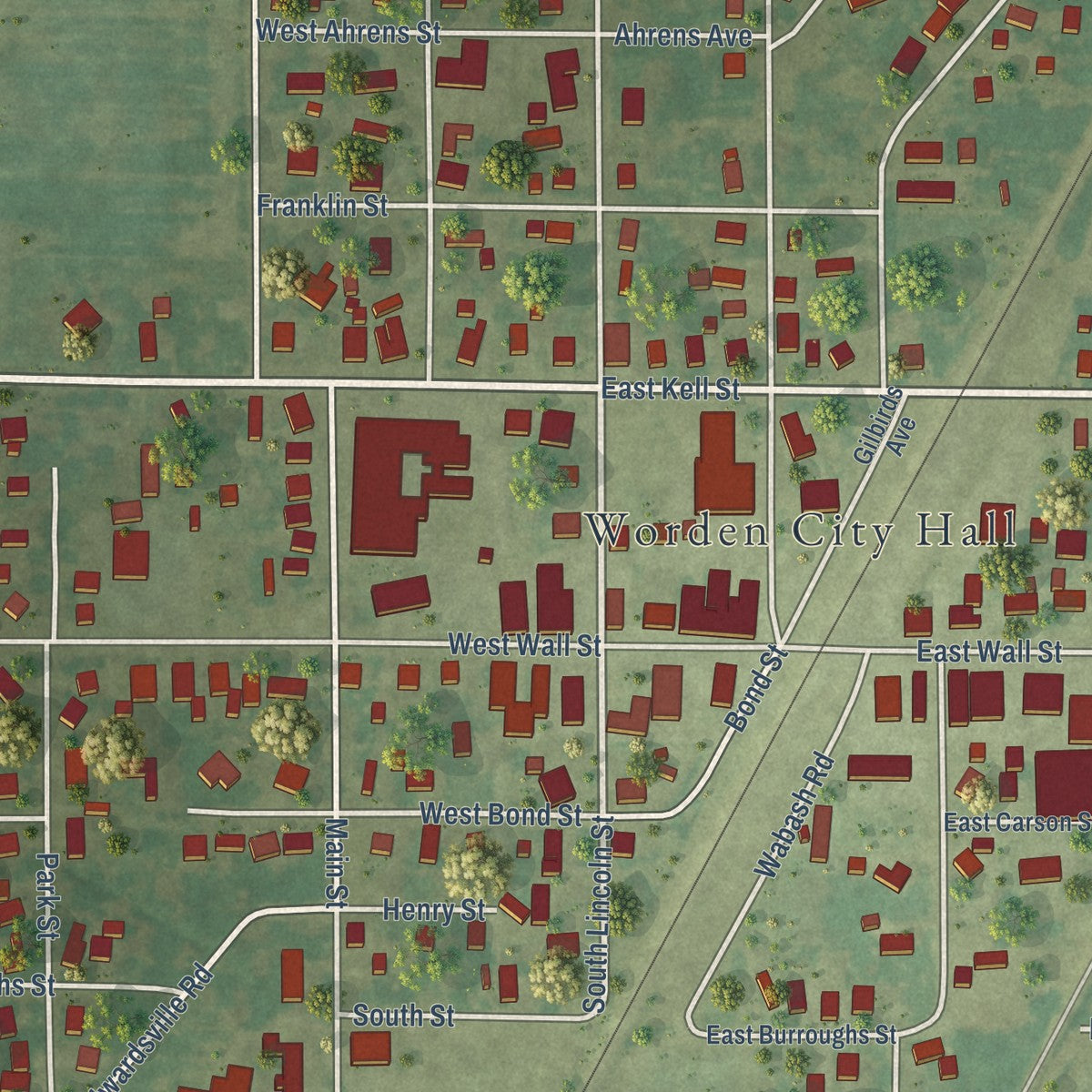 Close-up of the map of Worden, Illinois print showing street and building detail