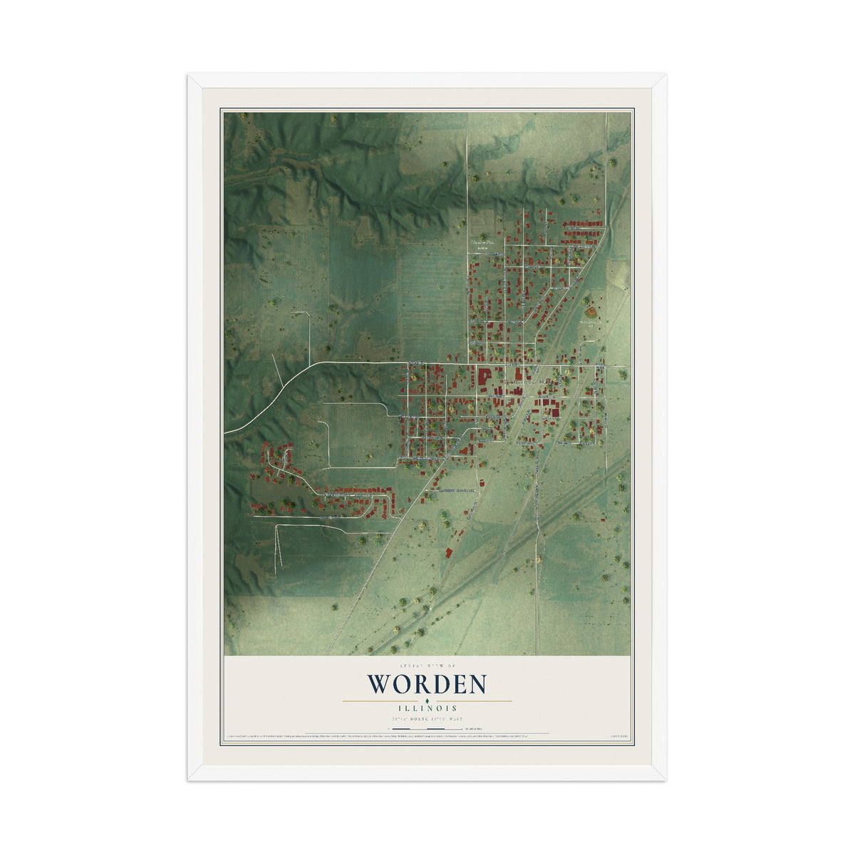 Map of Worden, Illinois, 12 x 18 inch print in a white wood frame