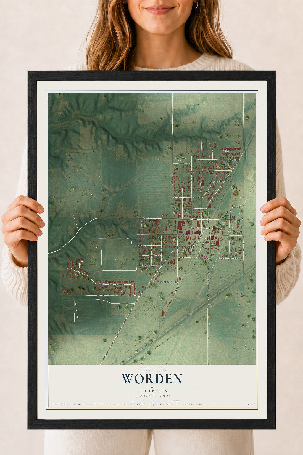 Map of Worden, Illinois, 18 x 24 inch print in a black wood frame