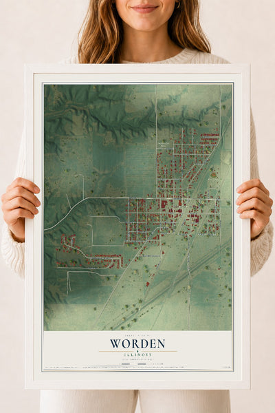 Map of Worden, Illinois, 18 x 24 inch print in a white wood frame