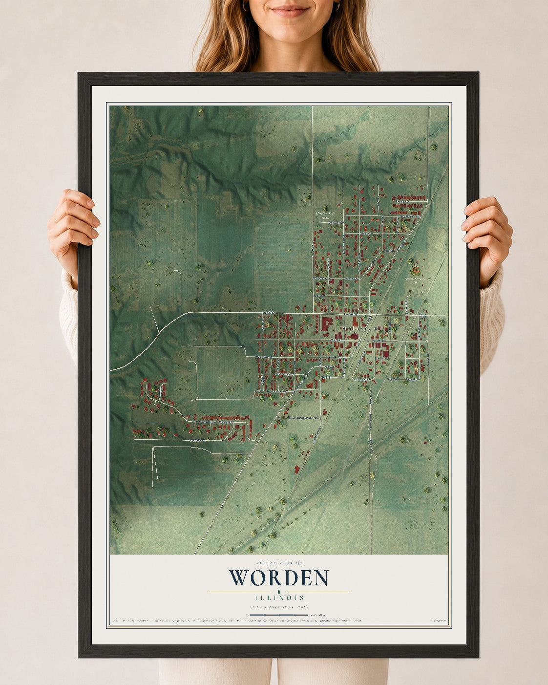 Map of Worden, Illinois, 24 x 36 inch print in a black wood frame