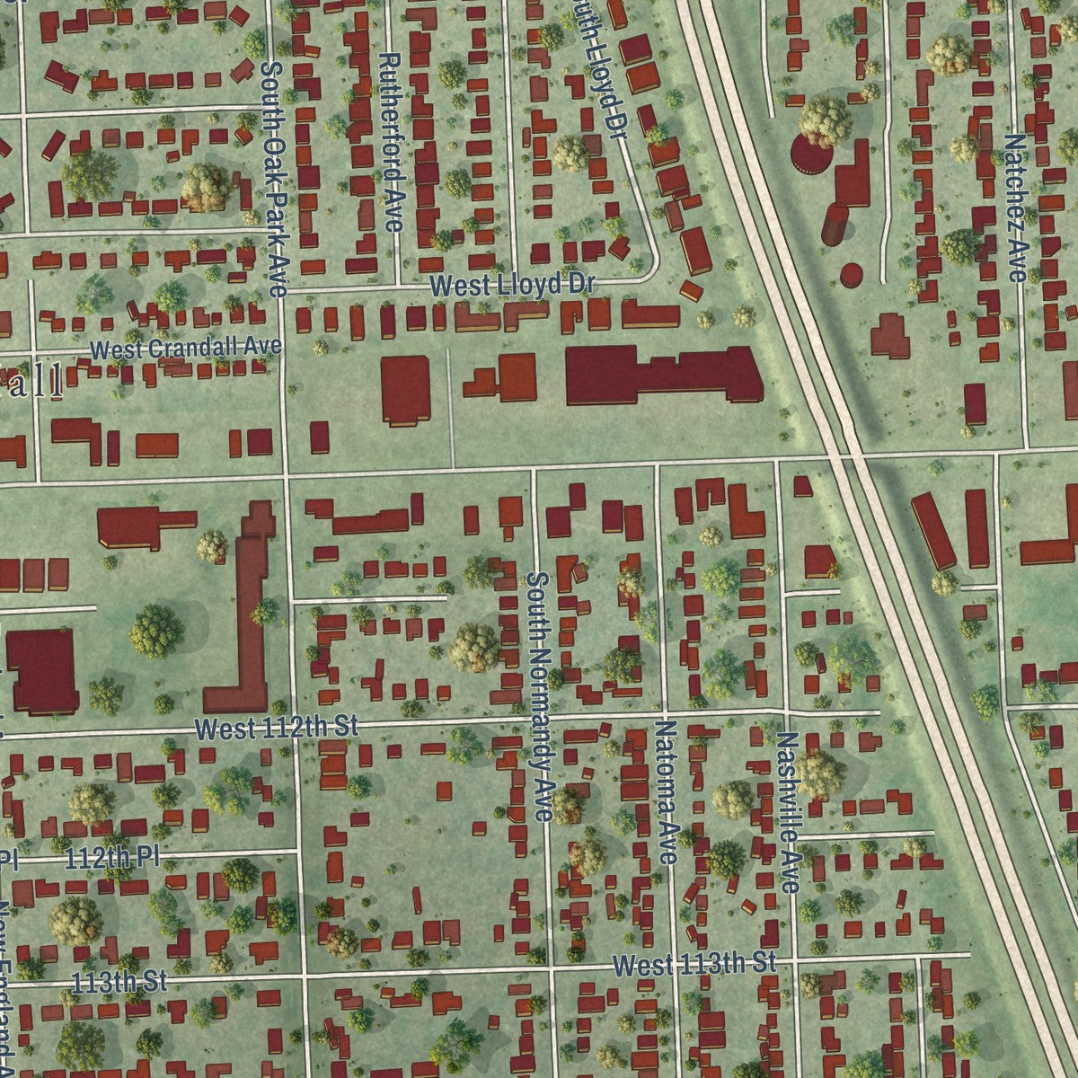 Close-up of the map of Worth, Illinois print showing street and building detail