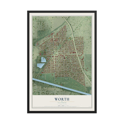 Map of Worth, Illinois, 12 x 18 inch print in a black wood frame