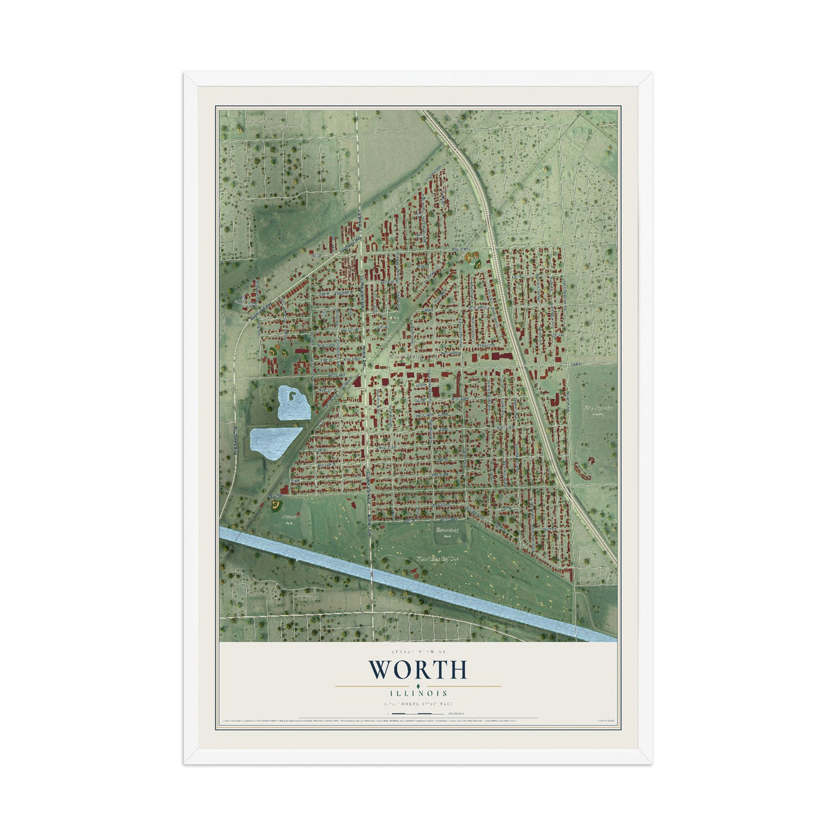 Map of Worth, Illinois, 12 x 18 inch print in a white wood frame