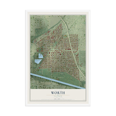 Map of Worth, Illinois, 12 x 18 inch print in a white wood frame