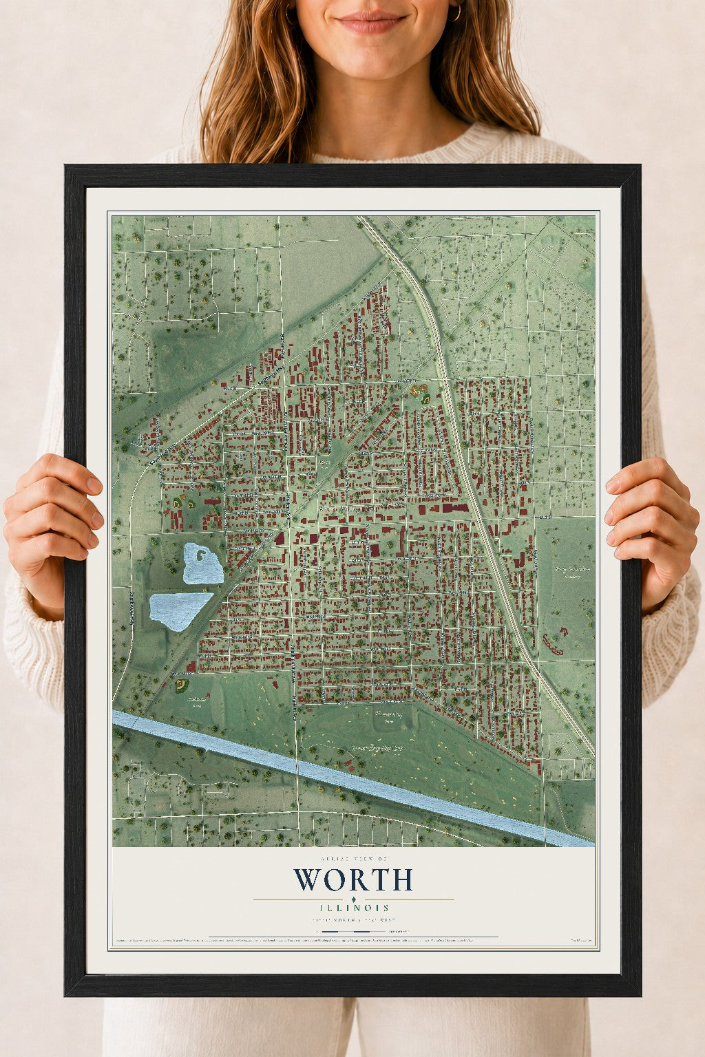 Map of Worth, Illinois, 18 x 24 inch print in a black wood frame
