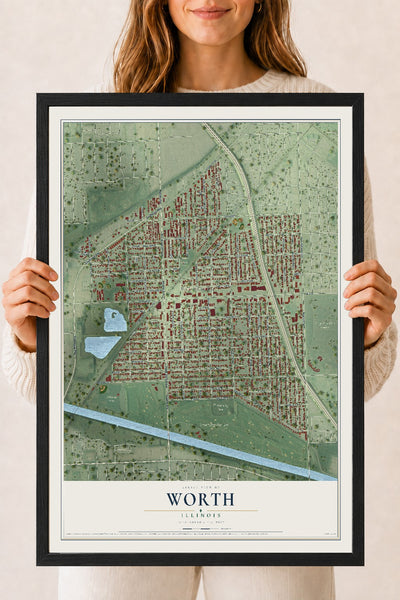 Map of Worth, Illinois, 18 x 24 inch print in a black wood frame