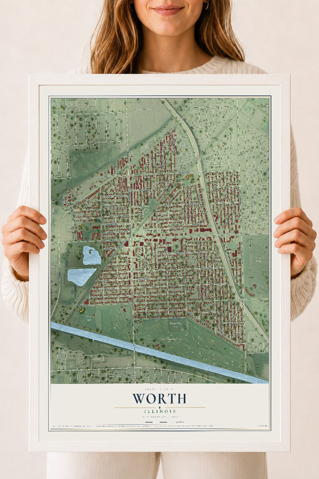 Map of Worth, Illinois, 18 x 24 inch print in a white wood frame