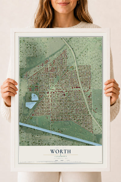 Map of Worth, Illinois, 18 x 24 inch print in a white wood frame