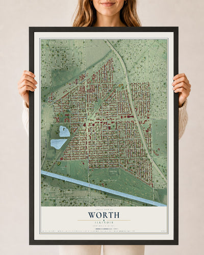 Map of Worth, Illinois, 24 x 36 inch print in a black wood frame