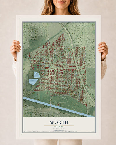 Map of Worth, Illinois, 24 x 36 inch print in a white wood frame