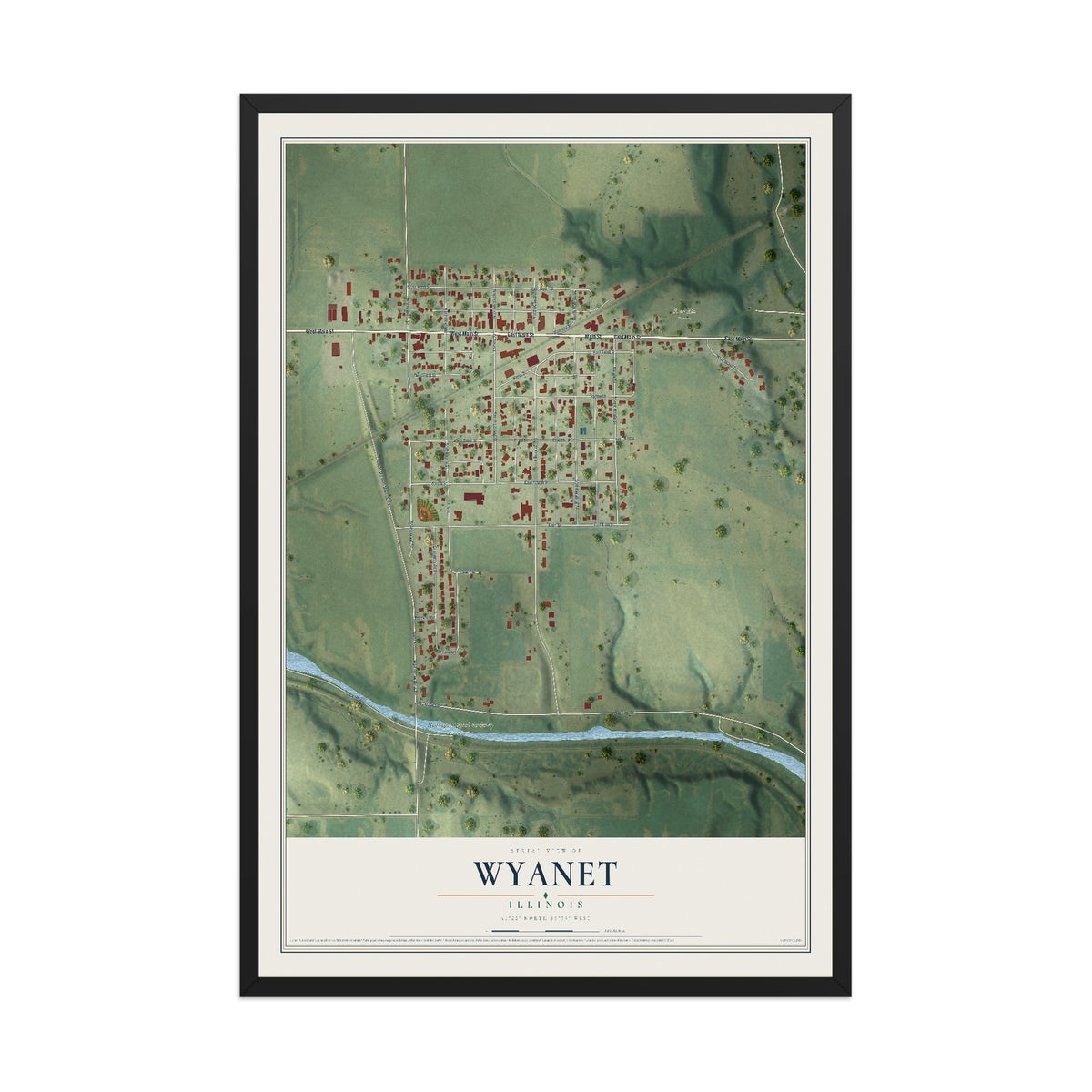 Map of Wyanet, Illinois, 12 x 18 inch print in a black wood frame