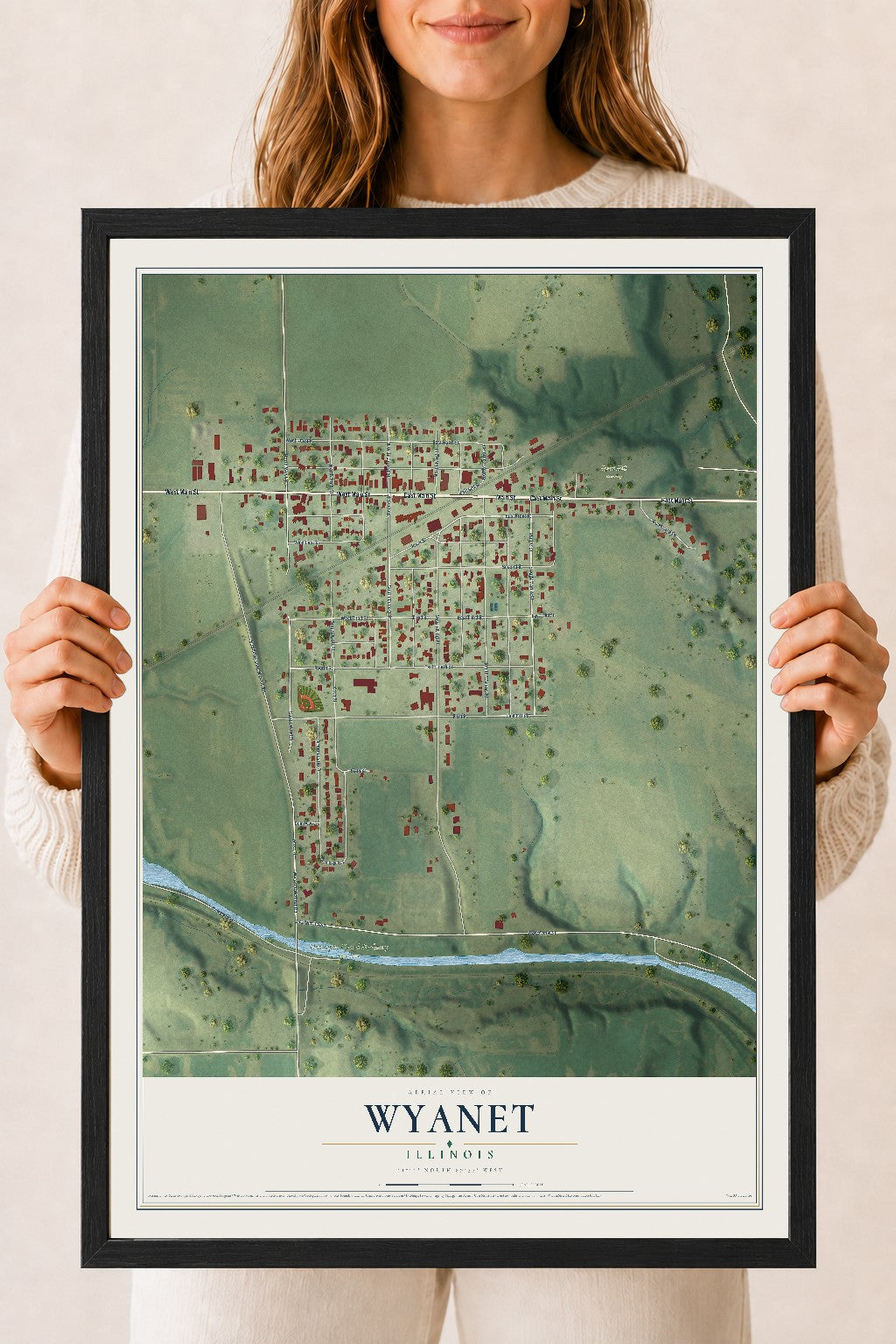 Map of Wyanet, Illinois, 18 x 24 inch print in a black wood frame