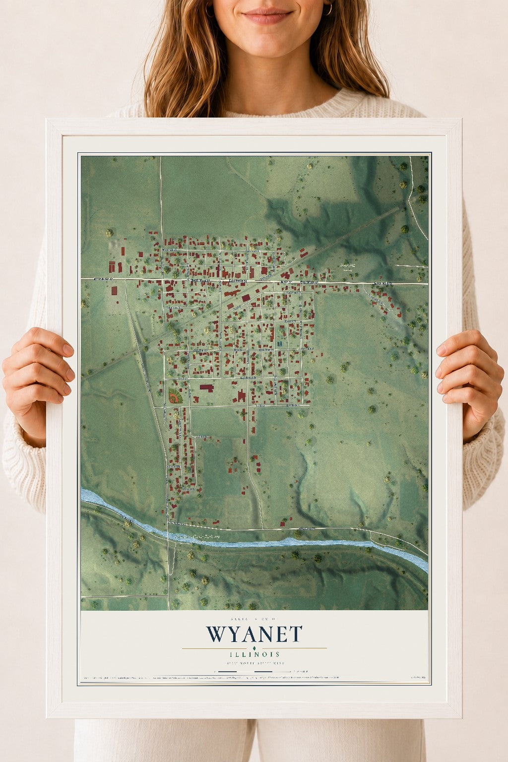 Map of Wyanet, Illinois, 18 x 24 inch print in a white wood frame