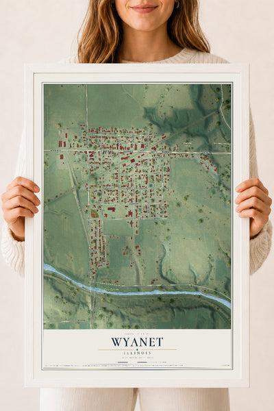 Map of Wyanet, Illinois, 18 x 24 inch print in a white wood frame