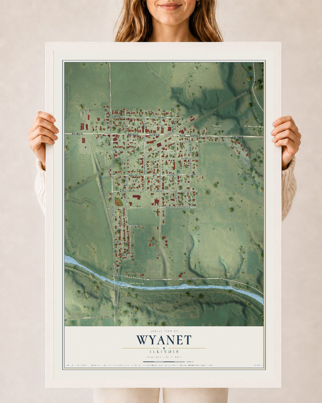 Map of Wyanet, Illinois, 24 x 36 inch print in a white wood frame