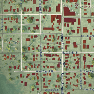 Close-up of the map of Wyoming, Illinois print showing street and building detail