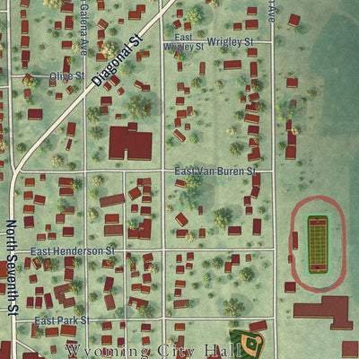 Second close-up of the map of Wyoming, Illinois print showing more streets and buildings