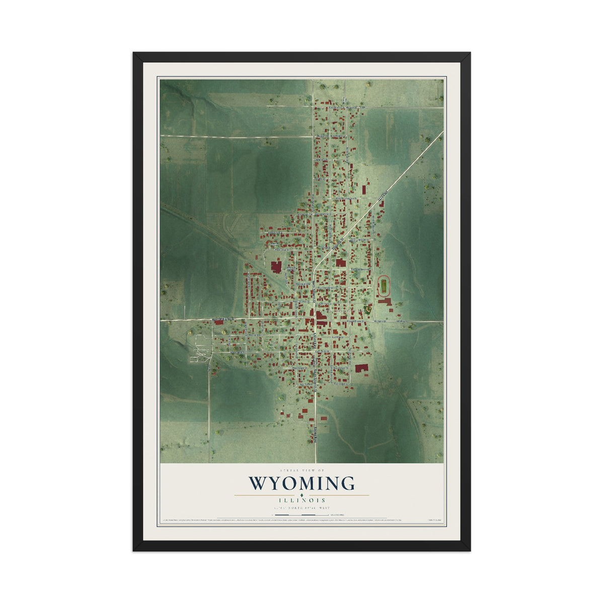 Map of Wyoming, Illinois, 12 x 18 inch print in a black wood frame