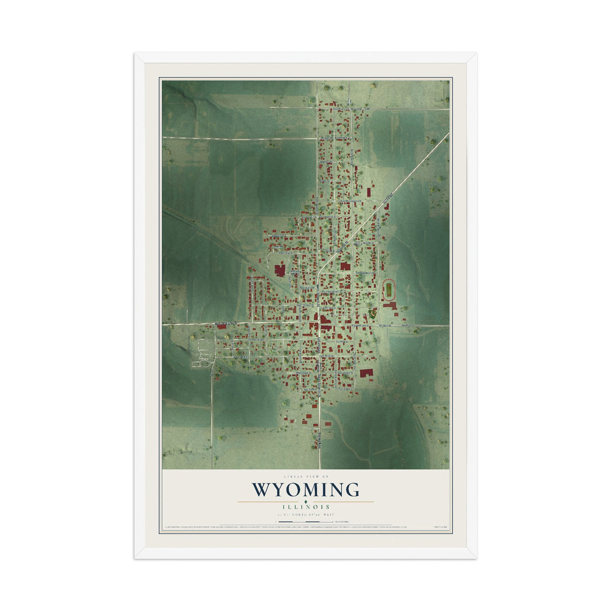 Map of Wyoming, Illinois, 12 x 18 inch print in a white wood frame