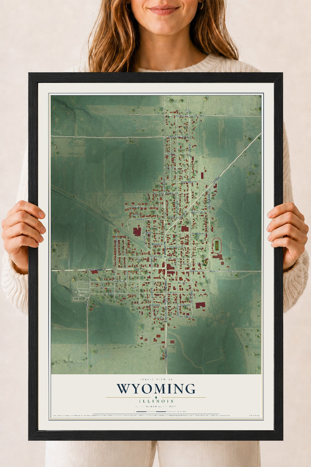 Map of Wyoming, Illinois, 18 x 24 inch print in a black wood frame